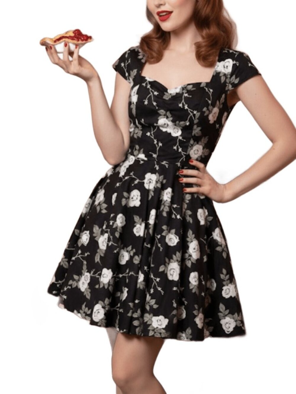 HELL BUNNY Vixen 50's Fit & Flare Floral Cotton Sweetheart Black & White Dress S